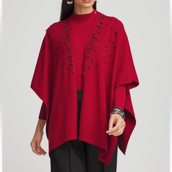 NEW Chico's $129 Elegant Red Women's Sweater poncho with Black